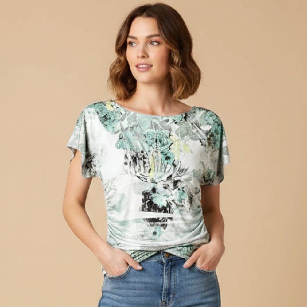 Byline Byer Blouse Short Sleeve Floral Watercolor Print White Womens sz Large